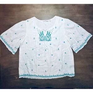 Soft‎ Surroundings White Oliana Embroidered Cotton V Tie Neck Blouse Women's M